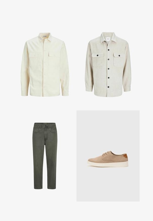 Chemise longue à manches longues beige clair avec un col, deux poches frontales, fermeture à boutons et un tissu texturé.; Chemise en flanelle beige avec un col, dotée de deux poches poitrine, de boutons noirs et de manches longues avec des poignets à bouton.; Chinos en coton vert avec une silhouette droite, dotés de passants de ceinture, de poches avant et d'une fermeture à bouton. Texture lisse avec des coutures minimales.; Baskets en daim beige avec un embout arrondi, un laçage sur le devant et un accent texturé à l'arrière. La semelle en caoutchouc blanche offre un contraste. Design simple et moderne.