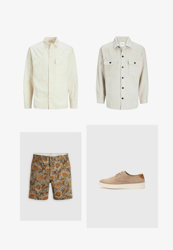 Svijetlo bež košulja dugih rukava s ovratnikom, dva prednja džepa, zatvaranje na dugmad i teksturirani materijal.; Bež flanel košulja s ovratnikom, koja ima dva džepa na prsima, crne gumbe i duge rukave s dugmadima na manžetama.; Šortsevi s uzorkom na plavoj pozadini s cvjetnim motivima u smeđoj, narančastoj i krem boji. Izrađeni od pamuka s kopčanjem na gumb.; Bež nubuk tenisice s okruglim vrhom, vezanjem sprijeda i teksturiranim stražnjim naglaskom. Bijela gumena potpetica pruža kontrast. Jednostavan i moderan dizajn.