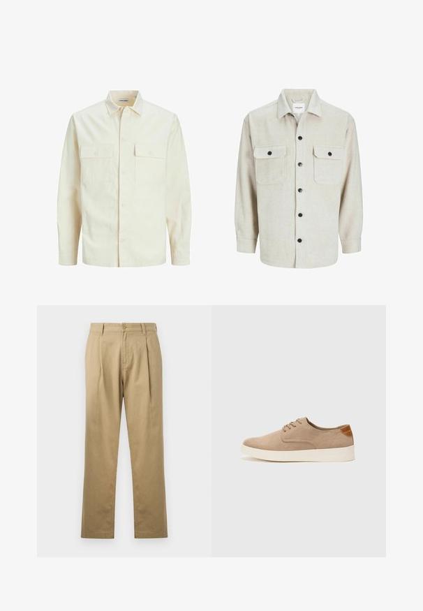 Hellbeige Langarmhemd mit klassischem Kragen, zwei Fronttaschen, Knopfverschluss und strukturiertem Stoff.; Beige Flanellhemd mit Kragen, das über zwei Brusttaschen, schwarzen Knöpfen und langen Ärmeln mit geknöpften Manschetten verfügt.; Beige Chinos mit geradem Bein, gefaltetem Vorderteil und Knopfverschluss. Glatte Textur und standardmäßiges Bunddesign.; Beige Wildleder-Sneaker mit runder Zehenpartie, Schnürung und strukturiertem Rückenteil. Die weiße Gummisohle sorgt für einen Kontrast. Einfaches und modernes Design.