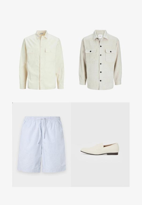 Lys beige langærmet skjorte med krave, to forlommer, knaplukning og et tekstureret stof.; Beige flannel skjorte med krave, der har to brystlommer, sorte knapper og lange ærmer med knapmanchetter.; Blå og hvide stribede badebukser lavet af letvægtsstof, med elastisk talje med snøre og sidelommer.; Lys beige loafers med spids tå, glat materiale, en rem over vampen og en lav brun sål. Simpelt design med minimale detaljer.