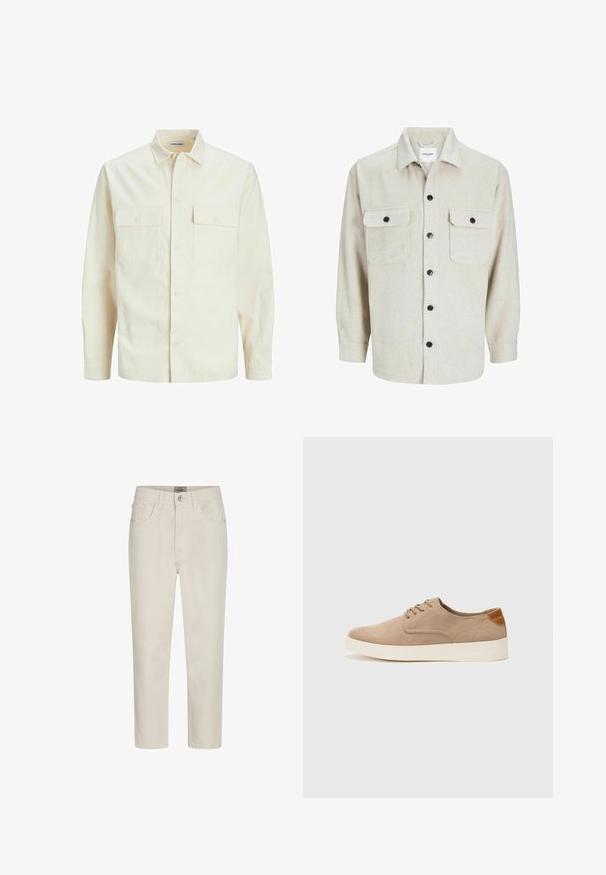 Kergedbež pika-särk pikkade varrukatega, krae ja kahe eespool asuva taskuga, nööpidega kinnitamine ja reljeefne materjal.; Beež flanellist särk, millel on krae, kahe rinnatasku ja mustade nööpidega, pikaaeline varrukad nööpidega cuffs.; Beesedžid, sirged sääred, nupuga esiosa, vöökonksud ja viie-tasku disain, esitatud valgel taustal.; Beežid nahast tossud ümarate varvastega, paeltega esiosa ja tekstuuriga tagakontuuriga. Valge kummist tallapakkumine loob kontrasti. Lihtne ja kaasaegne disain.