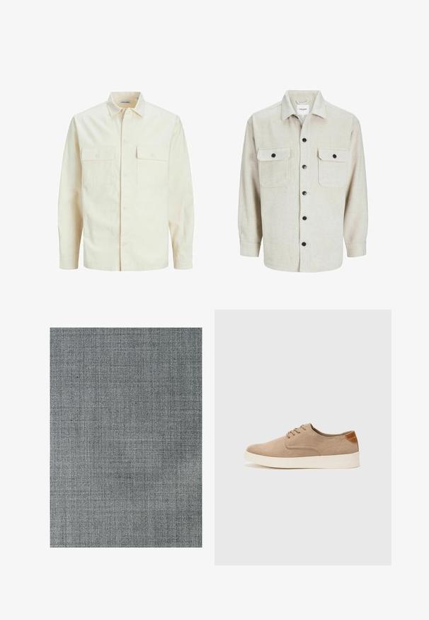 Light beige long-sleeve shirt with a collared neckline, two front pockets, button closure, and a textured fabric.; Beige flannel shirt with a collared neckline, featuring two chest pockets, black buttons, and long sleeves with buttoned cuffs.; Gray fabric with a textured, woven pattern. The surface is smooth, featuring subtle variations in tone and a fine grid structure.; Beige suede sneakers with a rounded toe, lace-up front, and a textured back accent. White rubber sole provides contrast. Simple and modern design.