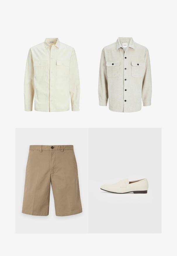 Lys beige langærmet skjorte med krave, to forlommer, knaplukning og et tekstureret stof.; Beige flannel skjorte med krave, der har to brystlommer, sorte knapper og lange ærmer med knapmanchetter.; Beige shorts lavet af bomuld, med lige snit, to frontlommer og knaplukning. Glat tekstur med minimalistisk design.; Lys beige loafers med spids tå, glat materiale, en rem over vampen og en lav brun sål. Simpelt design med minimale detaljer.