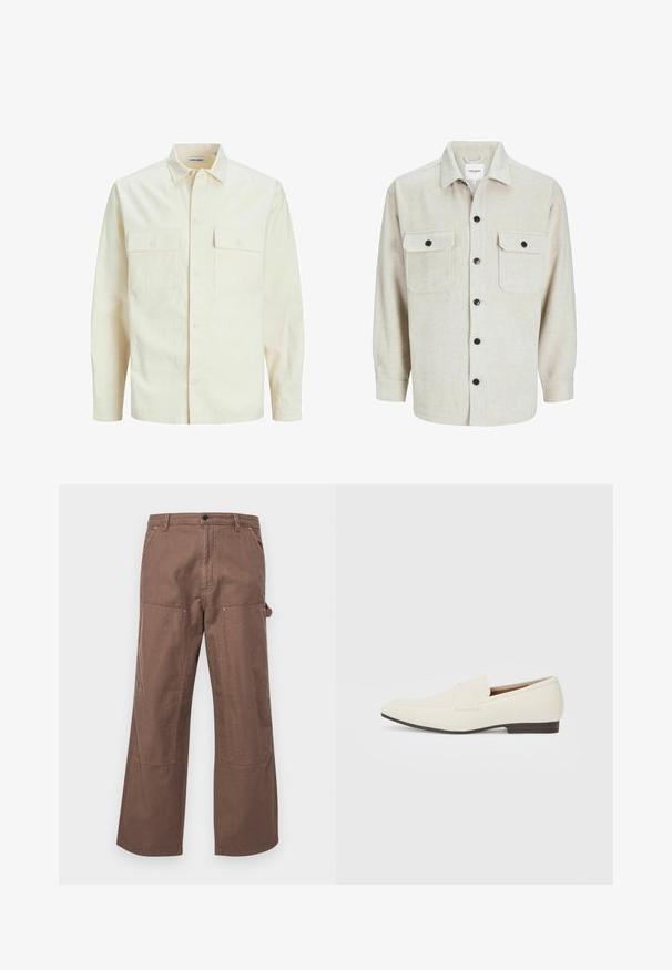 Cămașă lungă cu mâneci lungi de culoare bej deschis, cu guler, două buzunare frontale, închidere cu butoane și un material texturat.; Cămașă din flanel bej cu guler, având două buzunare pe piept, nasturi negri și mâneci lungi cu manșete cu nasturi.; Pantaloni cargo din bumbac maro, cu o croială lejeră, buzunare laterale și petice mari pe genunchi pentru o durabilitate și un stil suplimentar.; Loafers bej cu un vârf ascuțit, dintr-un material neted, cu o bandă peste vamp și o talpă joasă maro. Design simplu cu accente minime.