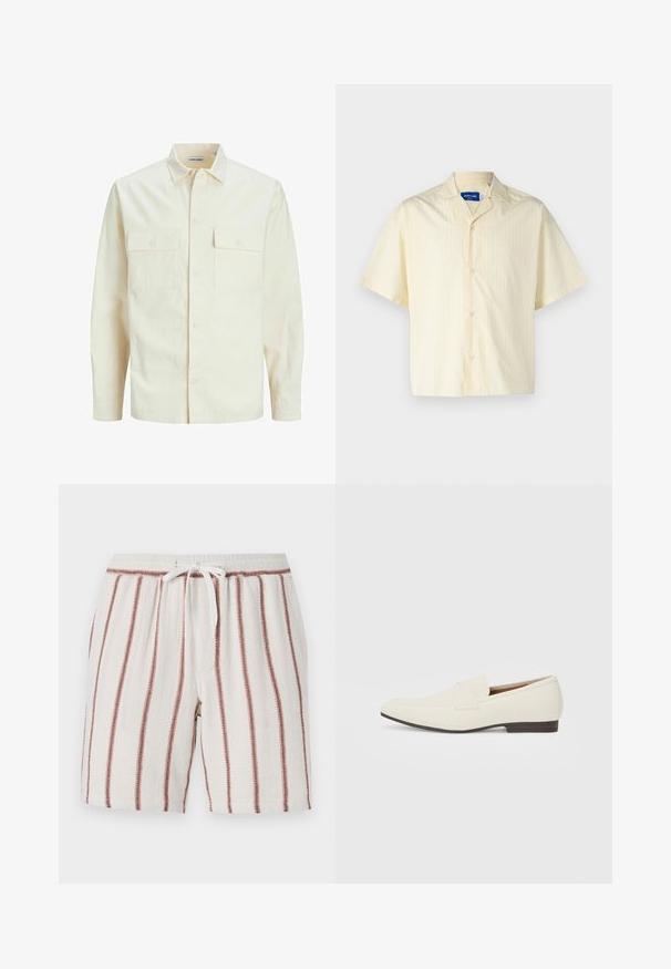 Camicia beige chiaro a maniche lunghe con colletto, due tasche frontali, chiusura a bottoni e un tessuto texturizzato.; Jack & Jones JORBOXY SHIRT - Camicia - antique white; Pantaloni corti in cotone con vita regolabile, sfondo crema con strisce verticali color ruggine, tessuto testurizzato e vestibilità rilassata.; Mocassini beige chiaro con punta affusolata, materiale liscio, una fascia sulla tomaia e una suola bassa marrone. Design semplice con accenti minimi.