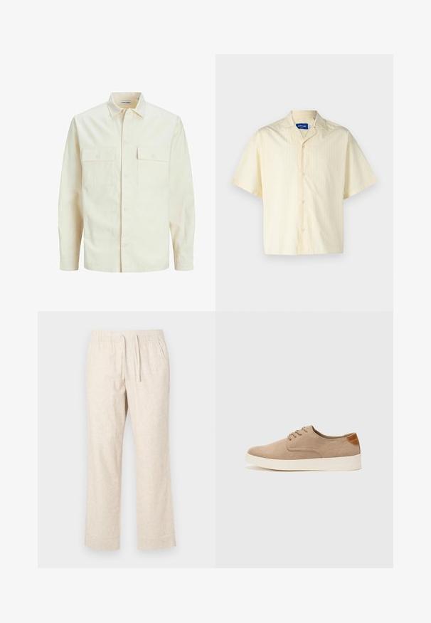 Hellbeige Langarmhemd mit klassischem Kragen, zwei Fronttaschen, Knopfverschluss und strukturiertem Stoff.; Jack & Jones JORBOXY SHIRT - Hemd - antique white; Beige Leinenhose mit elastischem Bund und Kordelzug. Gerades Bein Design mit leichter Textur und subtilem Gewebemuster.; Beige Wildleder-Sneaker mit runder Zehenpartie, Schnürung und strukturiertem Rückenteil. Die weiße Gummisohle sorgt für einen Kontrast. Einfaches und modernes Design.