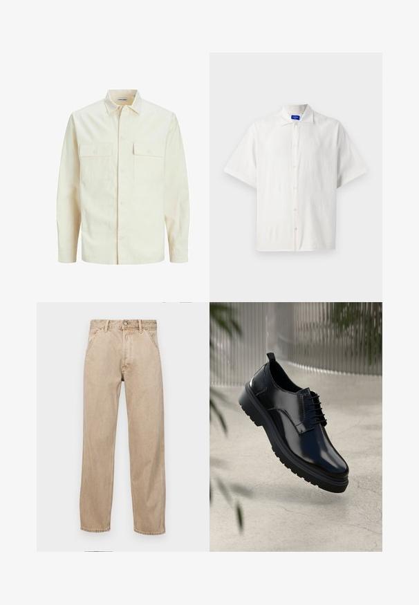 Světle béžová košile s dlouhým rukávem, límečkem, dvěma předními kapsami, zapínáním na knoflíky a strukturovanou tkaninou.; Kratší rukáv, bílá košile na knoflíky, vyrobená z lehké látky, která má klasický límec a jemnou strukturu. Knoflíky jsou rovnoměrně umístěny.; Béžové džíny z denimu se středně širokým střihem, vybavené předními kapsami, kovovým zapínáním na knoflík a jemnou texturou.; Černá kožená bota s lesklým povrchem, kulatou špičkou, šněrováním, kontrastním prošíváním a silnou gumovou podrážkou s vzorováním.