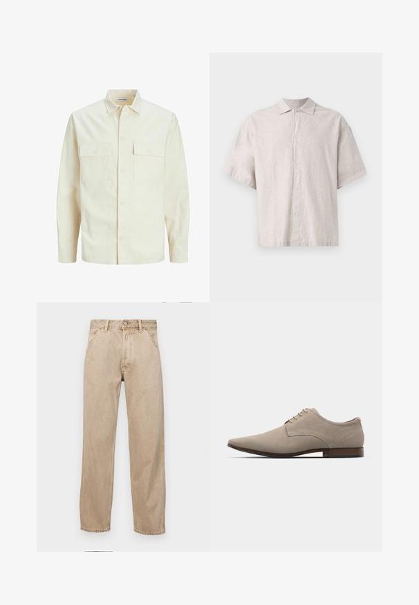 Chemise longue à manches longues beige clair avec un col, deux poches frontales, fermeture à boutons et un tissu texturé.; Chemise à manches courtes gris clair en lin. Présente un devant à boutons, un col classique, et une coupe décontractée avec une texture douce.; Jeans en denim beige avec une coupe droite, dotés de poches avant, d'une fermeture à bouton en métal et d'une texture subtile.; Chaussures beige à lacets en daim doux, dotées d'un bout pointu, de coutures minimales et d'un talon en bois. Texture lisse et design simple.