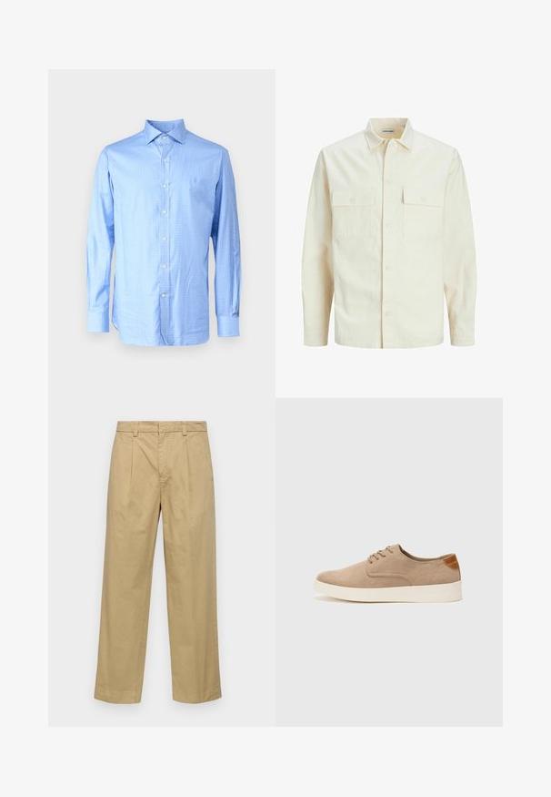 Világos bézs színű, hosszú ujjú ing, galléros nyakkal, két elülső zsebbel, gombos záródással és struktúrált anyaggal.; Polo Ralph Lauren LONG SLEEVED  - Ing - blue/white; Beige színű, egyenes szárú pamut nadrág, elülső redőkkel és oldalsó zsebekkel. Az anyag sima, puha tapintású.; Beige velúr sportcipő, kerek orral, fűzős elülső résszel és textúrált hátsó részlettel. Fehér gumitalp kontrasztot ad. Egyszerű és modern design.