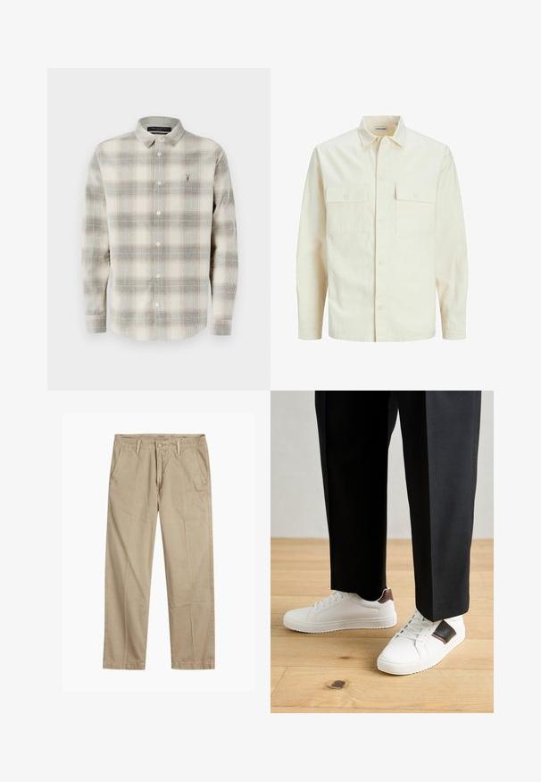 Svijetlo bež košulja dugih rukava s ovratnikom, dva prednja džepa, zatvaranje na dugmad i teksturirani materijal.; Košulja s dugim rukavima, s gumbima, u bež i sivoj kockastoj uzorak, s oštrim ovratnikom i malim izvezenim logom na lijevoj strani prsiju.; Bež chinos hlače ravnog kroja s petljama za remen, prednjim gumbom i zatvaranjem nazip, te kosi prednjim džepovima.; Bijele tenisice s glatkom teksturom, s smešnim kožnim detaljima i crnim naglascima, u kombinaciji s crnim krojenim hlačama. Pozadina od drvenog poda.