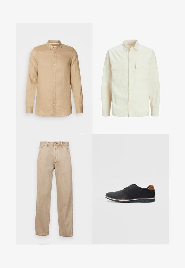 Camisa de manga larga color beige claro con cuello, dos bolsillos frontales, cierre de botones y una tela texturizada.; Camisa de manga larga color beige claro, hecha de lino, con un frente abotonado, textura suave y un cuello. Incluye detalle de manga con pestaña enrollable.; Jeans de mezclilla beige con un diseño de pierna recta, que cuentan con bolsillos frontales, cierre de botón de metal y una textura sutil.; Zapatos sintéticos negros con un upper texturizado, acentos lisos, tacón marrón y una suela en contraste. Presenta un cordón mínimo y detalles de costura.