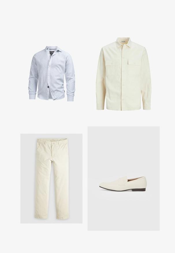 Cămașă lungă cu mâneci lungi de culoare bej deschis, cu guler, două buzunare frontale, închidere cu butoane și un material texturat.; Cămașă albă cu mânecă lungă, cu dungi verticale albastre deschise, cu nasturi în față și textură moale. Are guler croit și manșete cu buton.; Pantaloni lejeri de culoare bej deschis, cu trei buzunare, bretele și un design cu picior drept. Realizați dintr-un material moale din amestec de bumbac.; Loafers bej cu un vârf ascuțit, dintr-un material neted, cu o bandă peste vamp și o talpă joasă maro. Design simplu cu accente minime.