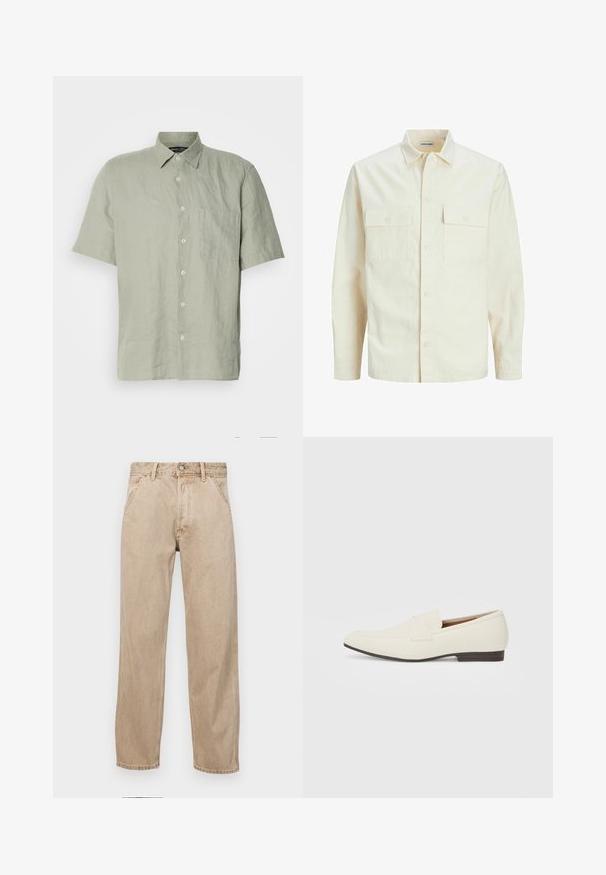 Lichtbeige langemouwen shirt met een kraaghalslijn, twee voorzakken, knoopsluiting en een gestructureerde stof.; Korte mouw knopshirt in lichtgroene linnen, met een kraag, een voorzak en vijf witte knopen langs de knoopsluiting.; Beige denim jeans met een recht gesneden ontwerp, voorzien van voorzakken, een metalen knoopsluiting en een subtiele textuur.; Lichtbeige loafers met een spitse neus, glad materiaal, een band over de wreef en een lage bruine zool. Eenvoudig ontwerp met minimale accenten.