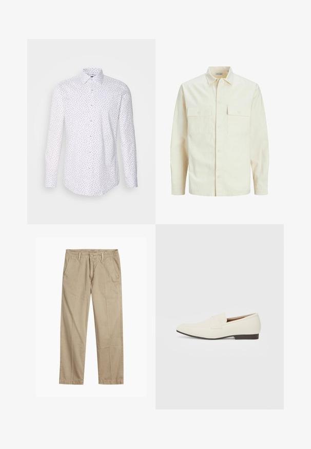 Kergedbež pika-särk pikkade varrukatega, krae ja kahe eespool asuva taskuga, nööpidega kinnitamine ja reljeefne materjal.; Valge pikkade varrukatega särk, millel on väike, hajus sinine täppide muster, traditsiooniline krae ja nööpidega esiosa, millel on veidi kumer äär.; Beeži sirged säärte chinos-püksid, millel on vööloopide, esipainutatud nupud ja tõmblukk ning kaldega esikotid.; Heledadbeez loafers, millelise lõpp, sile materjal, rihm üle vampi ja madal pruun talla. Lihtne disain minimaalse aktsentidega.
