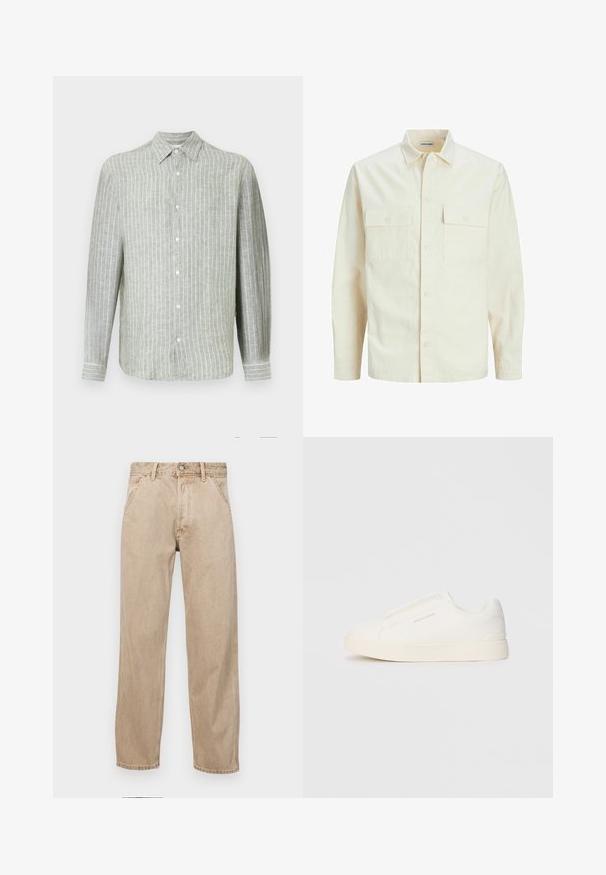 Lys beige langærmet skjorte med krave, to forlommer, knaplukning og et tekstureret stof.; Lys grønstribet langærmet skjorte lavet af linned. Har en krave, knaplukning foran og subtile lodrette striber for tekstur.; Beige denimjeans med lige bendesign, med forlommer, metalknaplukning og subtil struktur.; Hvide slip-on sneakers med en struktureret overflade, en tyk sål og et minimalistisk design. Har brandlogoet på siden.