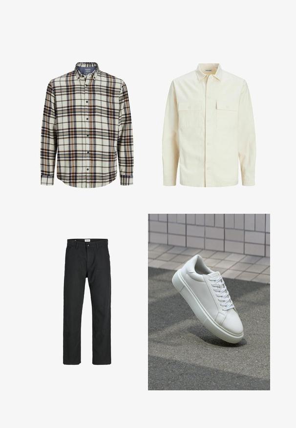 Jasno beżowa koszula z długim rękawem, z kołnierzykiem, dwoma kieszeniami z przodu, zapięciem na guziki i teksturowanym materiałem.; Koszula w kratę z flaneli w odcieniach kremowym, niebieskim i brązowym. Długie rękawy, z przodu na guziki, standardowy kołnierzyk, z kieszonką na piersi i zaokrąglonym dołem.; Czarne spodnie wykonane z trwałego materiału, z prostym krojem nóg, przeszyciami i dwiema przednimi kieszeniami dla funkcjonalności.; Białe skórzane trampki z gładką powierzchnią, okrągłym noskiem i płaskimi białymi sznurowadłami. Posiadają teksturowaną gumową podeszwę oraz minimalistyczne elementy projektowe.
