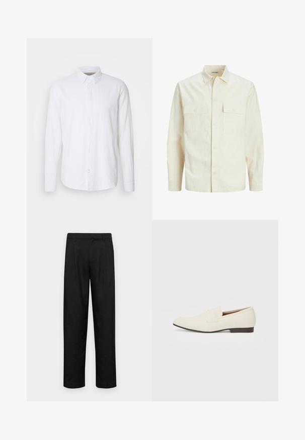 Camicia beige chiaro a maniche lunghe con colletto, due tasche frontali, chiusura a bottoni e un tessuto texturizzato.; Camicia bianca a maniche lunghe con bottoni realizzata in lino. Caratterizzata da colletto classico, patta frontale con bottoni e orlo dritto.; Pantaloni neri realizzati in tessuto liscio, caratterizzati da un taglio dritto, due pieghe frontali e una vita standard con passanti per la cintura.; Mocassini beige chiaro con punta affusolata, materiale liscio, una fascia sulla tomaia e una suola bassa marrone. Design semplice con accenti minimi.