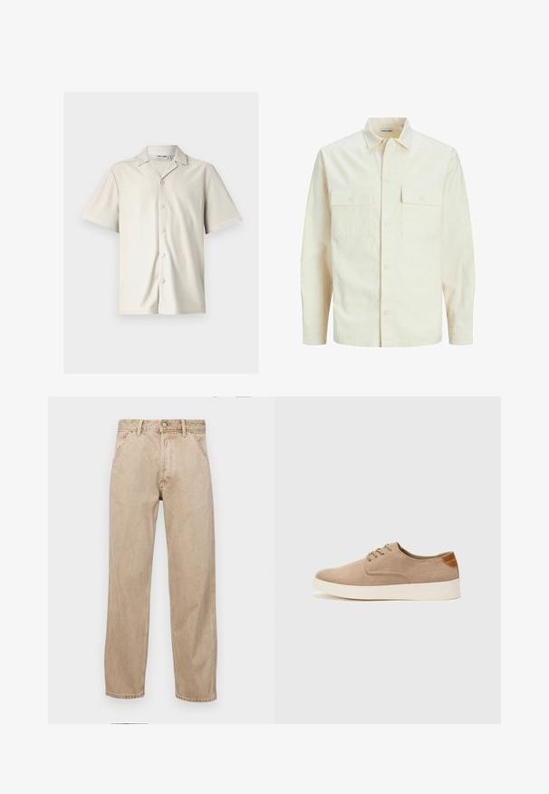 Lys beige langærmet skjorte med krave, to forlommer, knaplukning og et tekstureret stof.; Kortærmet, lys beige skjorte med knaplukning, spids krave, ribbet struktur og fem runde knapper ned foran.; Beige denimjeans med lige bendesign, med forlommer, metalknaplukning og subtil struktur.; Beige ruskinds sneakers med rund tå, snørebånd foran og en struktureret rygdetalje. Hvid gummisål giver kontrast. Enkel og moderne design.
