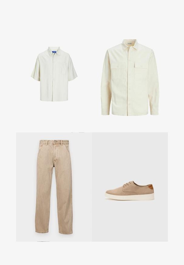 Svetlo bež srajca z dolgimi rokavi, ovratnim izrezom, dvema sprednjima žepoma, zapenjanjem na gumbe in teksturirano tkanino.; Kratrna majica s kratkimi rokavi v svetlo kremni barvi, ki ima en sam žep na prsih, sproščen kroj in klasičen ovratnik.; Beige jeans iz džinsa s ravnim nogavicama, ki imajo sprednje žepe, kovinsko zapiranje in subtilno teksturo.; Bež tkanine usnjene superge z zaobljenim nosom, vezalkami na sprednji strani in teksturiranim zadnjim detajlom. Belo gumijasto podplato zagotavlja kontrast. Enostaven in sodoben dizajn.