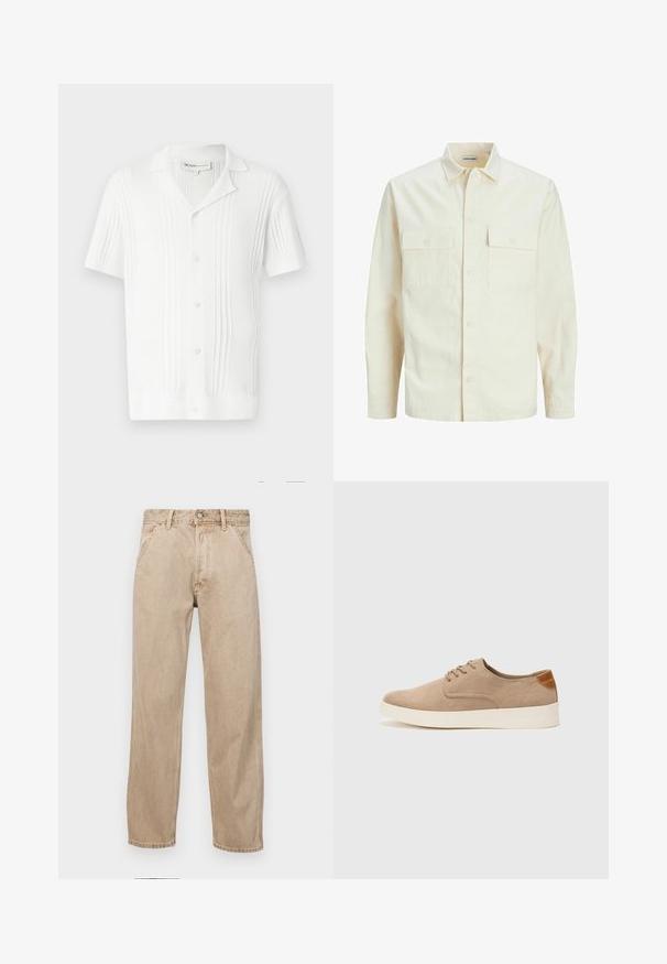 Svetlo béžová košeľa s dlhým rukávom, s golierom, dvoma prednými vreckami, zapínaním na gombíky a textúrovanou látkou.; Biela košeľa s krátkym rukávom s ribbovanou textúrou, so zapínaním na gombíky a s golierom. Obsahuje vertikálne pruhy pre zvýraznenie detailu.; Bežové denimové rifle so strihom rovného nohu, s prednými vreckami, kovovým zapínaním na gombík a jemnou textúrou.; Béžové semišové tenisky s okrúhlou špičkou, šnurovaním vpredu a textúrovaným zadným akcentom. Biela gumová podrážka poskytuje kontrast. Jednoduchý a moderný dizajn.