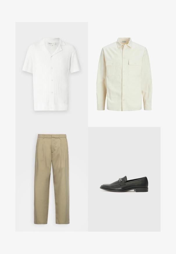 Svetlo bež srajca z dolgimi rokavi, ovratnim izrezom, dvema sprednjima žepoma, zapenjanjem na gumbe in teksturirano tkanino.; Bela majica s kratkimi rokavi z rebrasto teksturo, zapiranje na gumb in ovratnikom. Ima vertikalne črte za dodaten detajl.; Bež hlače visoko pasu s ravnim krojem, z ravnim sprednjim delom, stranskimi žepi in gladkim, teksturiranim materialom.; Črni usnjeni loafer z gladko površino, ki ima šivano zasnovo in dekorativni kovinski verižni naglas preko vampirja. Ravno peto.