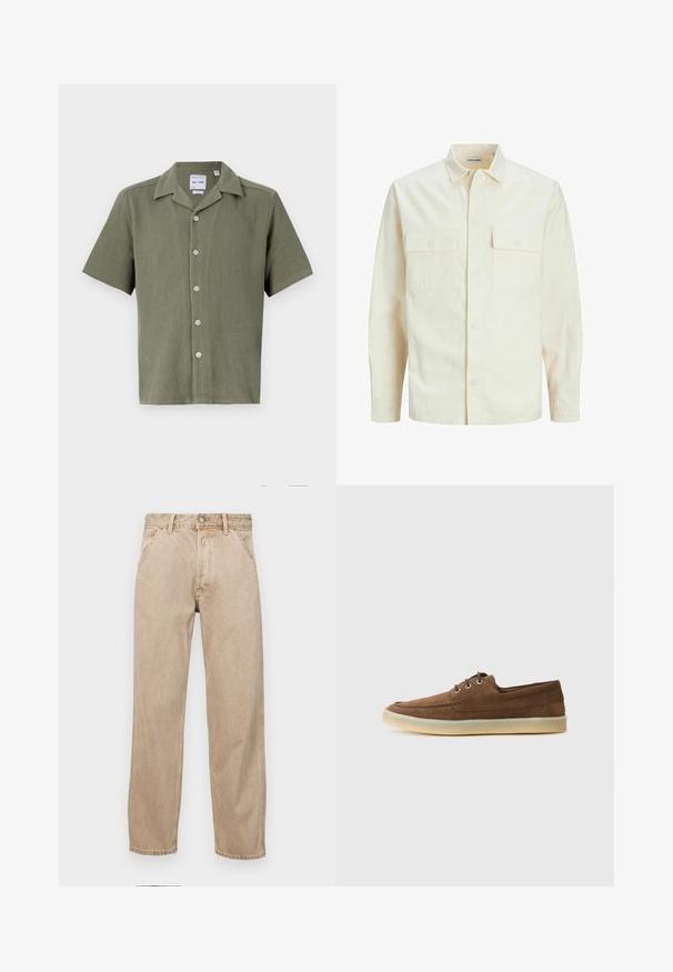 Lichtbeige langemouwen shirt met een kraaghalslijn, twee voorzakken, knoopsluiting en een gestructureerde stof.; Korte mouw overhemd in olijfgroen, met ribbelstructuur, voorzien van een kraag en zes lichtgekleurde knopen aan de voorkant.; Beige denim jeans met een recht gesneden ontwerp, voorzien van voorzakken, een metalen knoopsluiting en een subtiele textuur.; Bruine suede schoenen met een laag profiel, vetersluiting, rubberen zool en contrasterende stiksels. Eenvoudige en functionele stijl.