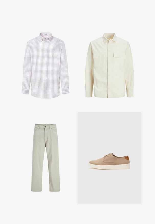 Hellbeige Langarmhemd mit klassischem Kragen, zwei Fronttaschen, Knopfverschluss und strukturiertem Stoff.; Weißes Langarmhemd mit einem karierten Muster in Rot und Blau. Button-down-Kragen, vordere Blende mit Knöpfen und geknöpfte Manschetten.; Helle beige Denim-Jeans mit geradem Bein, im Fünf-Taschen-Stil, mit einem Knopfverschluss am Bund und minimalen Nähdetails.; Beige Wildleder-Sneaker mit runder Zehenpartie, Schnürung und strukturiertem Rückenteil. Die weiße Gummisohle sorgt für einen Kontrast. Einfaches und modernes Design.