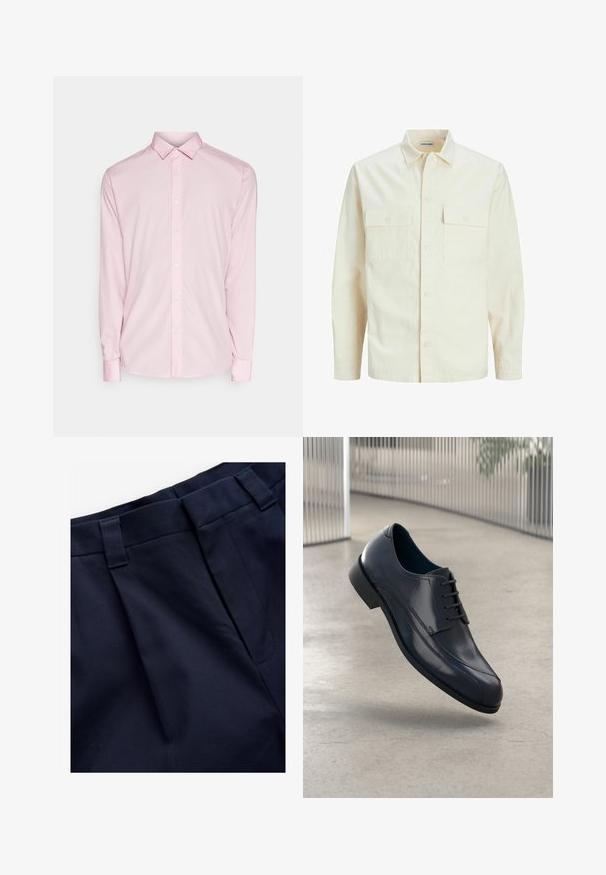 Kergedbež pika-särk pikkade varrukatega, krae ja kahe eespool asuva taskuga, nööpidega kinnitamine ja reljeefne materjal.; Hele roosa pika varrukaga särk, millel on nööpkrae, esine nööbid ja mansetid. Sile kangast tekstuur klassikalise disainiga.; Tumes plekkpüksid pehme ja tekstuurse kangaga. Omab lame vöökohta ja vöölukke, on loodud mugavuseks ja sobivuseks.; Läike must nahkne king, millel on paelad, hõljuv siledate heledate halli põranda kohal ning taustal vertikaalsed metallist vardad.