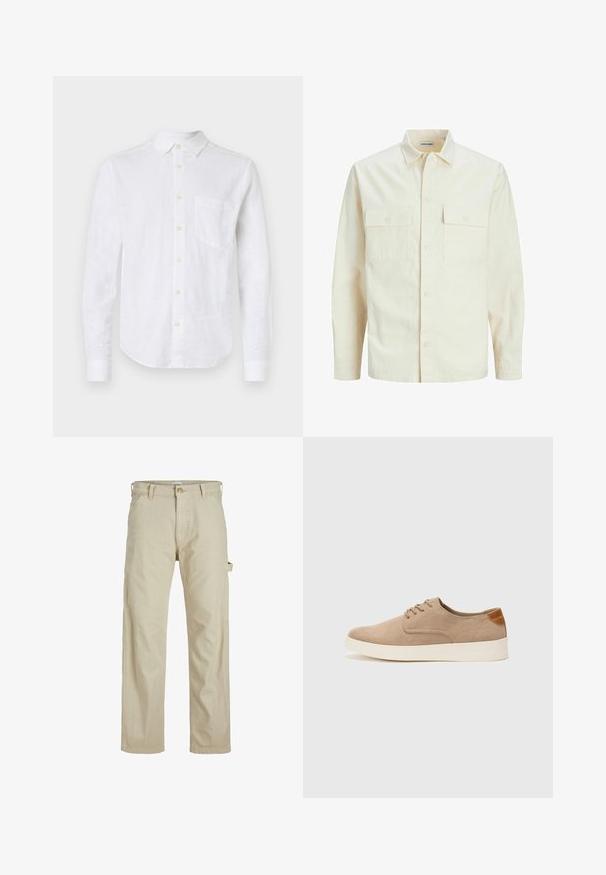 Lichtbeige langemouwen shirt met een kraaghalslijn, twee voorzakken, knoopsluiting en een gestructureerde stof.; Witte linnen overhemd met lange mouwen, een knoopsluiting bij de kraag, een borstzak en parelachtige knopen. Heeft een gebogen zoom en een gestructureerde stof.; Beige katoenen broek met een rechte pijpontwerp, voorzien van een knoopsluiting aan de voorkant, zijzakken en een cargozak op het rechterbeen.; Beige suède sneakers met een ronde neus, vetersluiting aan de voorkant en een getextureerde achteraccent. De witte rubberen zool zorgt voor contrast. Eenvoudig en modern ontwerp.