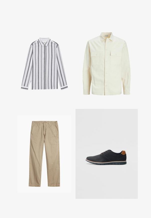 Világos bézs színű, hosszú ujjú ing, galléros nyakkal, két elülső zsebbel, gombos záródással és struktúrált anyaggal.; Fehér színű, fekete függőleges csíkos, hosszú ujjú ing. Könnyű anyagból készült, klasszikus gallérral és mandzsettákkal.; Beige egyenes szárú chino nadrág övhurkokkal, elülső gombos és cipzáras záródással, valamint ferde elülső zsebekkel.; Fekete szintetikus cipők, textúrált felsőrésszel, sima díszítésekkel, barna sarkával és kontrasztos talppal. Minimális fűzéssel és varrási részletekkel rendelkezik.