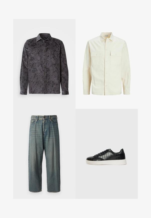Chemise longue à manches longues beige clair avec un col, deux poches frontales, fermeture à boutons et un tissu texturé.; Chemise en côtes de velours gris avec un motif floral noir, deux poches sur la poitrine, un col pointu et des boutons métalliques. Tissu texturé avec des nervures verticales.; Jeans en denim bleu clair avec une coupe ample, taille mi-haute et jambes droites. Comprend cinq poches, des passants de ceinture et une fermeture à bouton.; Baskets noires avec un dessus en cuir gaufré effet crocodile, bout rond et semelle en caoutchouc blanc contrastant avec une finition lisse.