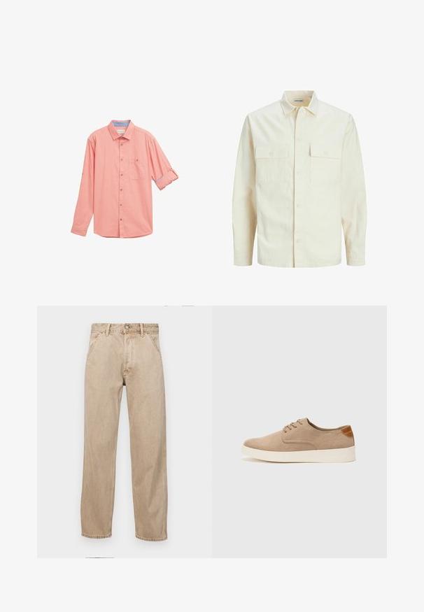 Světle béžová košile s dlouhým rukávem, límečkem, dvěma předními kapsami, zapínáním na knoflíky a strukturovanou tkaninou.; Košile s dlouhým rukávem, zapínání na knoflíky, v světle korálové barvě s texturovanou tkaninou, kapsou na hrudi a detaily ohrnutých rukávů, které ukazují modrou podšívku.; Béžové džíny z denimu se středně širokým střihem, vybavené předními kapsami, kovovým zapínáním na knoflík a jemnou texturou.; Béžové semišové tenisky s kulatou špičkou, šněrováním vpředu a texturovaným zadním akcentem. Bílá gumová podrážka poskytuje kontrast. Jednoduchý a moderní design.
