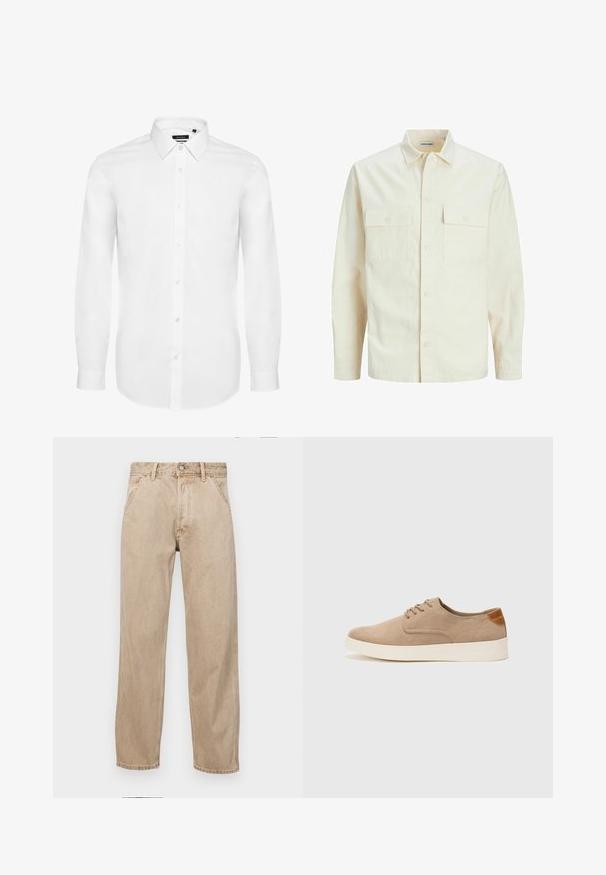 Ljusbeige långärmad skjorta med krage, två framfickor, knäppning och en texturerad tyg.; Vit långärmad skjorta i vävd tyg, med knappkrage, framknäppning med knappar och manschetter med uppvik. Minimalistisk design.; Beige denimjeans med rak passform, som har framfickor, metallknappstängning och subtil textur.; Beige mockasinsneakers med rund tå, snörning fram och texturerad bakaxel. Vit gummisula ger kontrast. Enkelt och modernt design.