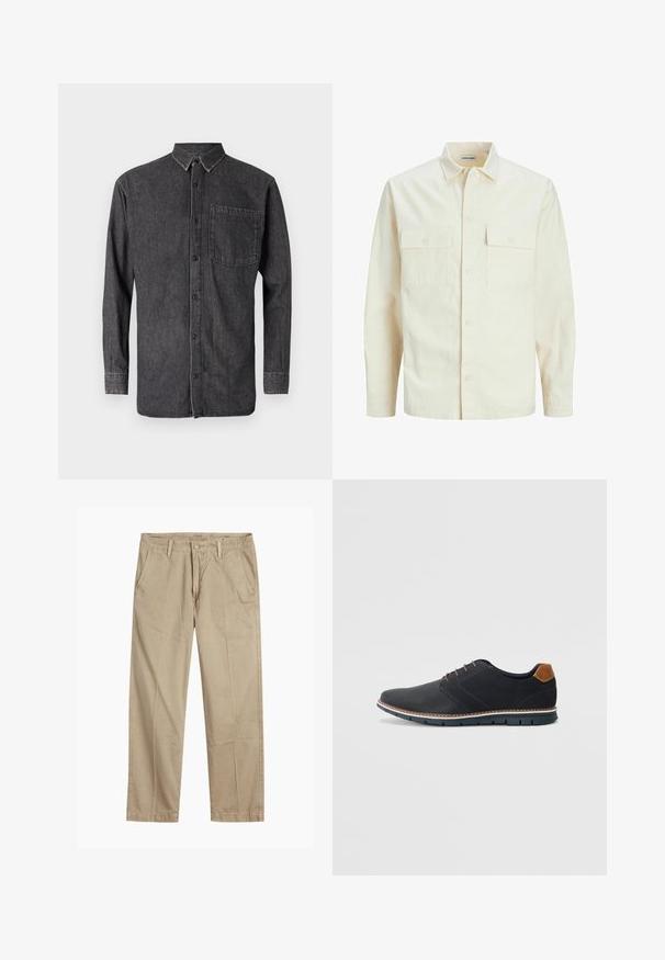Světle béžová košile s dlouhým rukávem, límečkem, dvěma předními kapsami, zapínáním na knoflíky a strukturovanou tkaninou.; Košile na knoflíky v tmavě šedém džínovém materiálu, má dlouhé rukávy, límec a náprsní kapsu s vybledlým texturem a kontrastními švy.; Beige rovné chino kalhoty s poutky na opasek, zapínáním na přední knoflík a zip, a šikmými předními kapsami.; Černé syntetické boty s texturovaným svrškem, hladkými detaily, hnědým podpatkem a kontrastní podrážkou. Obsahují minimální šněrování a švy.