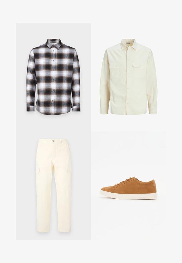 Camicia beige chiaro a maniche lunghe con colletto, due tasche frontali, chiusura a bottoni e un tessuto texturizzato.; Camicia a maniche lunghe a quadri con colori marrone, nero e bianco, colletto a punta e bottoni marroni su un tessuto morbido.; Pantaloni cargo giallo chiaro in cotone, con tasche laterali e design a gamba dritta, con chiusura a bottone in vita.; Sneaker in suede marrone con design low-top, suola in gomma bianca e punta rotonda. Presenta lacci abbinati e una grafica minimal sul tallone.