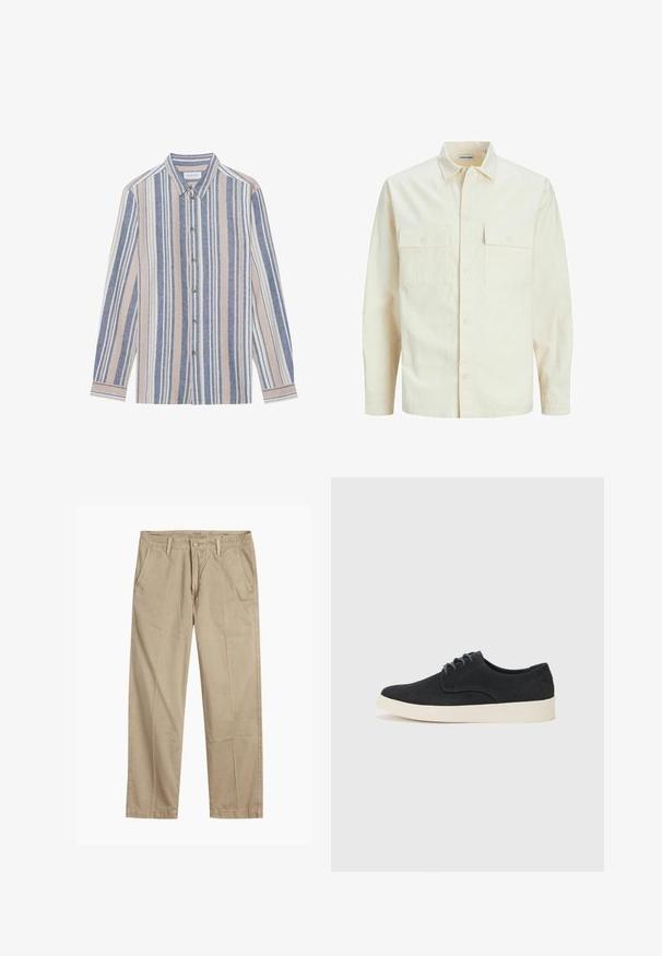 Camicia beige chiaro a maniche lunghe con colletto, due tasche frontali, chiusura a bottoni e un tessuto texturizzato.; Camicia con bottoni e maniche lunghe, caratterizzata da righe verticali in blu, beige e bianco. Realizzata in un tessuto texturizzato, con colletto e bottoni metallici.; Chinos beige a gamba dritta con passanti per cintura, chiusura frontale a bottone e zip, e tasche laterali inclinati.; Scarpa in suede nera con lacci, punta arrotondata, suola leggera color crema e dettagli di cucitura blu discreti sulla parte superiore.