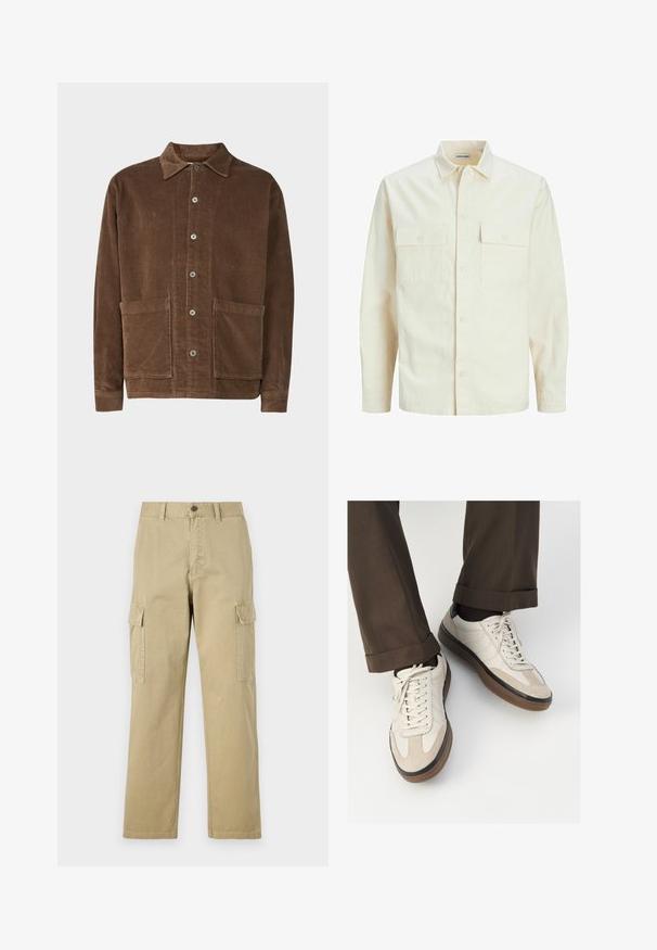 Svetlo béžová košeľa s dlhým rukávom, s golierom, dvoma prednými vreckami, zapínaním na gombíky a textúrovanou látkou.; Jack & Jones PREMIUM JPRBLUPRESTON - Košeľa - shitake; Bežové cargo nohavice vyrobené z bavlny, s dvoma bočnými vreckami, zapínaním na gombík a rovným strihom s mierne textúrovanou tkaninou.; Béžové tenisky s textúrovanou zamšovou prednou časťou, hladkými koženými bočnými stranami a hnusou gumovou podrážkou. Obsahujú šnúrky a svetlé stehy ako detail.