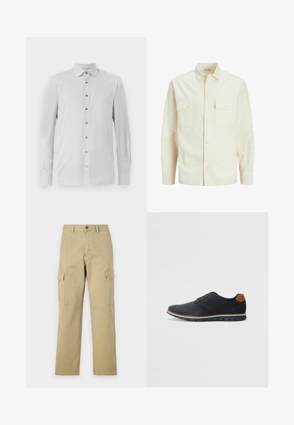 Svetlo bež srajca z dolgimi rokavi, ovratnim izrezom, dvema sprednjima žepoma, zapenjanjem na gumbe in teksturirano tkanino.; Bela dolgimi rokavi srajca z majhnim črnim geometrijskim vzorcem, zelenimi gumbi in koničastim ovratnikom. Redna prilegajoča se srajca z gumbi na manšetah.; Bež hlače s cargo krojem iz bombaža, z dvema stranskima žeparm, gumbom za zapiranje in ravnimi nogavicami iz rahlo teksturirane tkanine.; Črne sintetične čevlje z teksturirano zgornjščino, gladkimi akcenti, rjavim petnim delom in kontrastnim podplatom. Imajo minimalno vezanje in detajle šivanja.