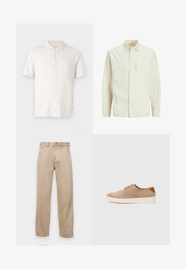 Svijetlo bež košulja dugih rukava s ovratnikom, dva prednja džepa, zatvaranje na dugmad i teksturirani materijal.; Polo majica s kratkim rukavima u boji blijedo bijele, s teksturiranim materijalom, zatvaranjem na gumbe i tipičnim dizajnom ovratnika. Jednostavan i svestran stil.; Bež teksas traperice ravnog kroja, s prednjim džepovima, metalnim zakopčavanjem i suptilnom teksturom.; Bež nubuk tenisice s okruglim vrhom, vezanjem sprijeda i teksturiranim stražnjim naglaskom. Bijela gumena potpetica pruža kontrast. Jednostavan i moderan dizajn.