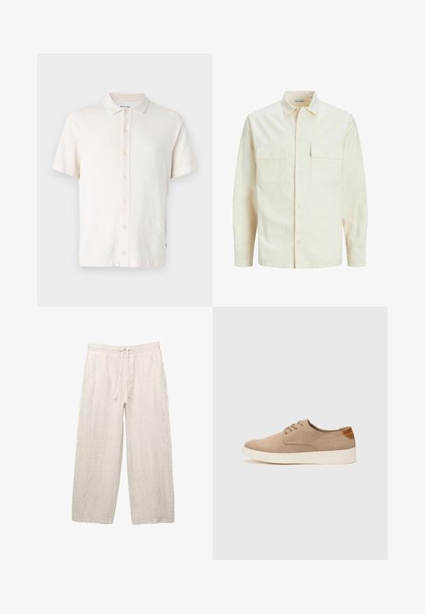 Jasno beżowa koszula z długim rękawem, z kołnierzykiem, dwoma kieszeniami z przodu, zapięciem na guziki i teksturowanym materiałem.; Koszulka polo z krótkim rękawem w kolorze ecru, z teksturowanej tkaniny, zapinana na guziki, z typowym krojem kołnierza. Prosty i uniwersalny styl.; Lniane spodnie w jasnym beżu, z elastycznym pasem na sznurku, szerokimi nogawkami i kieszeniami po bokach. Gładka tekstura.; Beżowe zamszowe sneakersy z okrągłym noskiem, sznurowanym przodem i teksturowanym akcentem na tyle. Biała gumowa podeszwa tworzy kontrast. Prosty i nowoczesny design.