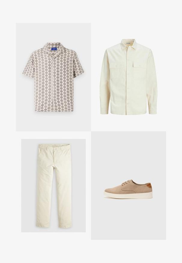 Svetlo béžová košeľa s dlhým rukávom, s golierom, dvoma prednými vreckami, zapínaním na gombíky a textúrovanou látkou.; Košeľa s krátkymi rukávmi z béžovej a šedej látky, ktorá obsahuje geometrický vzor, textúrovaný povrch a výstrih s gombíkovým zapínaním.; Svetlo béžové voľné nohavice s troma vreckami, pútky na opasok a rovnými nohavicami. Vyrobené z mäkkej bavlnenej zmesi.; Béžové semišové tenisky s okrúhlou špičkou, šnurovaním vpredu a textúrovaným zadným akcentom. Biela gumová podrážka poskytuje kontrast. Jednoduchý a moderný dizajn.