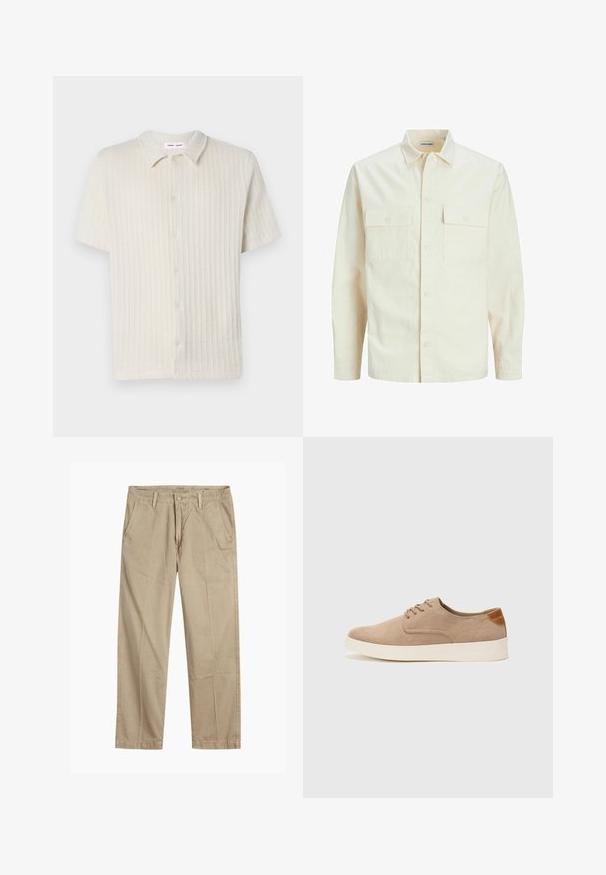 Világos bézs színű, hosszú ujjú ing, galléros nyakkal, két elülső zsebbel, gombos záródással és struktúrált anyaggal.; Rövid ujjú, gombos ing világos bézs színben, texturált bordázott mintával és klasszikus gallérral. Puha, lélegző anyagból készült.; Beige egyenes szárú chino nadrág övhurkokkal, elülső gombos és cipzáras záródással, valamint ferde elülső zsebekkel.; Beige velúr sportcipő, kerek orral, fűzős elülső résszel és textúrált hátsó részlettel. Fehér gumitalp kontrasztot ad. Egyszerű és modern design.