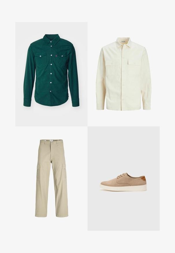 Chemise longue à manches longues beige clair avec un col, deux poches frontales, fermeture à boutons et un tissu texturé.; Levi's® BARSTOW WESTERN STANDARD - Chemise - python green; Pantalon cargo beige en tissu léger, avec une coupe décontractée, deux poches latérales et une fermeture à bouton.; Baskets en daim beige avec un embout arrondi, un laçage sur le devant et un accent texturé à l'arrière. La semelle en caoutchouc blanche offre un contraste. Design simple et moderne.