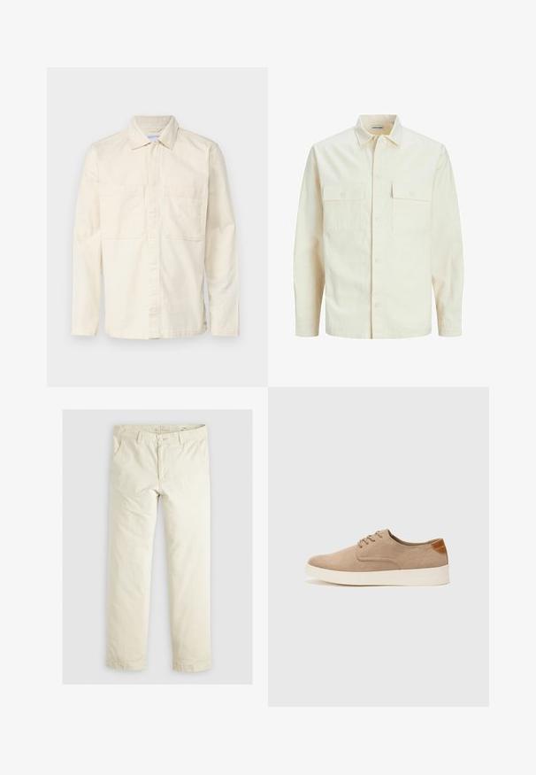 Chemise longue à manches longues beige clair avec un col, deux poches frontales, fermeture à boutons et un tissu texturé.; Chemise beige clair à manches longues en mélange de coton, dotée d'un col, d'une fermeture à boutons sur le devant et de deux poches poitrine. Texture lisse.; Pantalons loose-fit beige clair avec trois poches, passants de ceinture et une coupe droite. Fabriqués en un doux mélange de coton.; Baskets en daim beige avec un embout arrondi, un laçage sur le devant et un accent texturé à l'arrière. La semelle en caoutchouc blanche offre un contraste. Design simple et moderne.