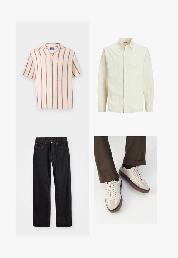 Vaaleanbeige pitkähihaisen paidan, jossa on kaulukset, kaksi etutaskua, nappikiinnitys ja tekstiilissä on tekstuuria.; Raitapaita lyhythihaisena kermaisen materiaalin kanssa, jossa on punaiset pystyruttaa, varustettuna lovetulla kauluksella ja etupainokannella.; Miestne čierne rovné džínsy so štyrmi vreckami a oranžovým šitím, zapínanie na gombík a zips na prednom pásku.; Beige tennarit, joissa on teksturoidut mokkasiinimaiset etuosat, sileät nahkasaumat ja ruskea kumipohja. Narut ja vaaleat ompelutiedot mukana.