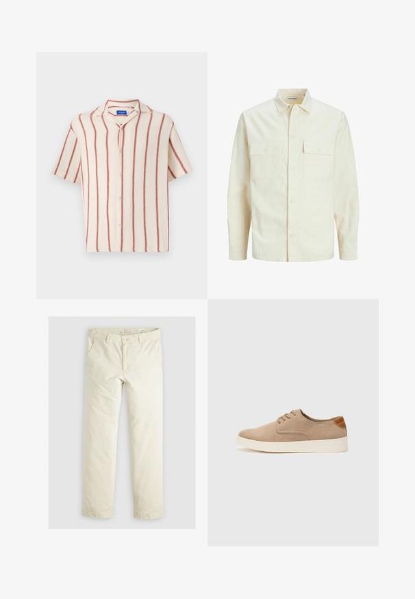 Svetlo bež srajca z dolgimi rokavi, ovratnim izrezom, dvema sprednjima žepoma, zapenjanjem na gumbe in teksturirano tkanino.; Kratka majica s dugim rukavima v bež barvi z rdečimi navpičnimi črtami, z izrezano ovratnico in sprednjim gumbom za zapiranje.; Svetlo bež hlače širokega kroja s tremi žepi, zankami za pas in ravnim krojem. Narejene so iz mešanice mehkega bombaža.; Bež tkanine usnjene superge z zaobljenim nosom, vezalkami na sprednji strani in teksturiranim zadnjim detajlom. Belo gumijasto podplato zagotavlja kontrast. Enostaven in sodoben dizajn.