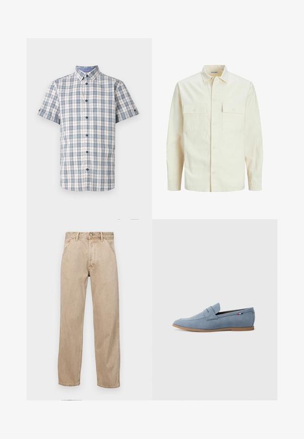 Light beige long-sleeve shirt with a collared neckline, two front pockets, button closure, and a textured fabric.; Short-sleeve plaid button-up shirt in white, blue, and red. Features a collared neckline, dark buttons, and a grid pattern design.; Beige denim jeans with a straight leg design, featuring front pockets, a metal button closure, and subtle texture.; Light blue suede loafer with a smooth texture, decorative stitching, and a brown rubber sole. Features a penny slot design on the upper.