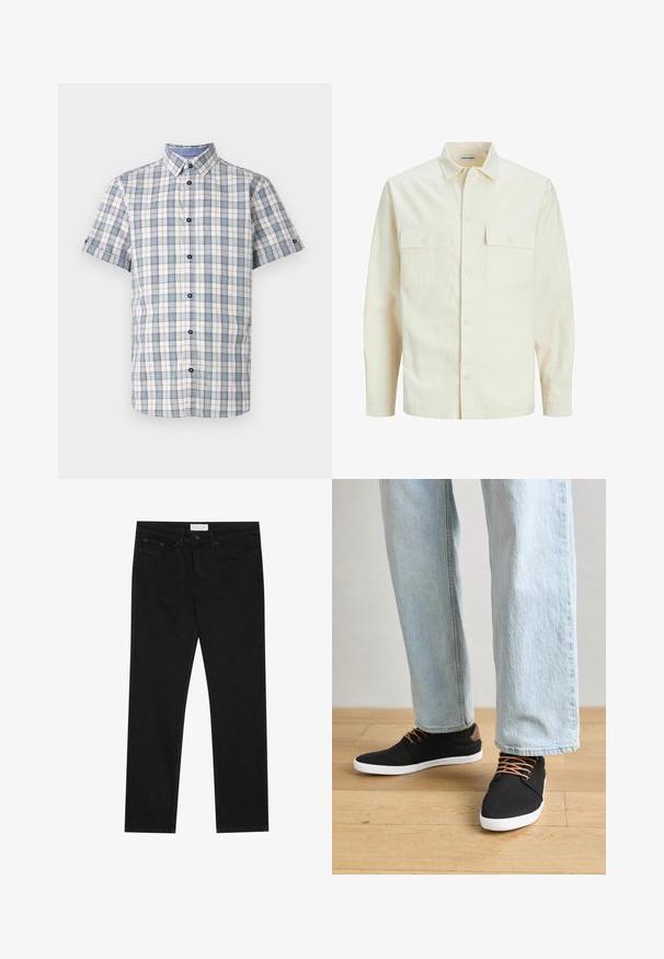 Šviesiai smėlio spalvos ilgomis rankovėmis marškiniai su apykakle, dviem priekinėmis kišenėmis, mygtukų uždarymu ir tekstūruota medžiaga.; Trumpas rankovės karpinė marškiniai su baltu, mėlynu ir raudonu langu. Yra apykaklė, tamsūs mygtukai ir tinklelio raštas.; Juodos tiesios kojų džinsai su penkių kišenių dizainu, mygtuko ir užtrauktuko uždarymu bei "Pier One" prekės ženklo etikete ant juosmens.; Juodi drobės sportbačiai su rudos spalvos akcentais, baltais gumos padu, rudi raišteliai, derinami su šviesiai mėlynomis tiesiomis džinsinėmis kelnėmis. Medinis grindų fonas.