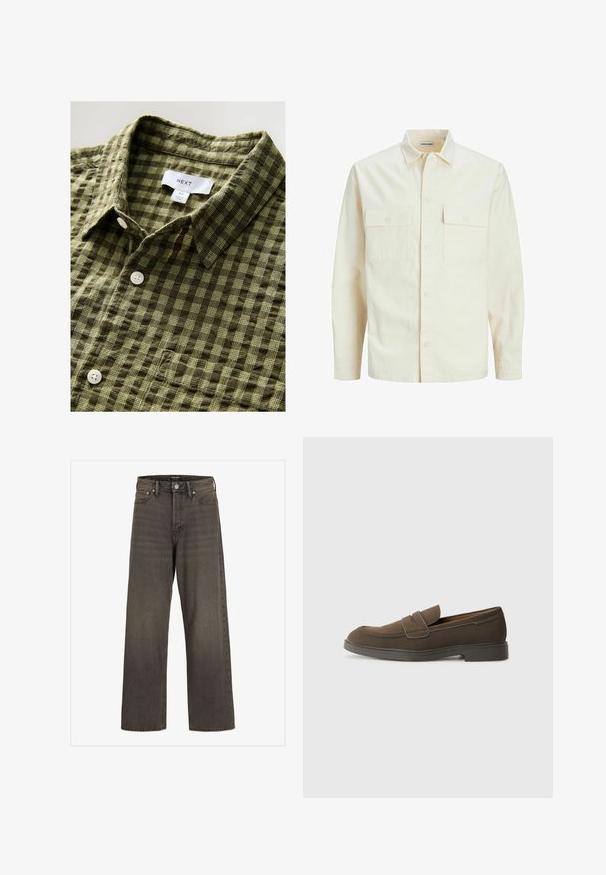 Light beige long-sleeve shirt with a collared neckline, two front pockets, button closure, and a textured fabric.; Green plaid short-sleeve shirt made of soft fabric, featuring a button-down collar and white buttons, with a label and size tag attached.; Wide-leg jeans in dark grey denim, featuring a high waist, classic five-pocket design, and contrasting stitching along the seams.; Brown suede loafer with a rounded toe, a strap across the vamp, and a flat rubber sole. Simple design with clean lines and minimal detailing.