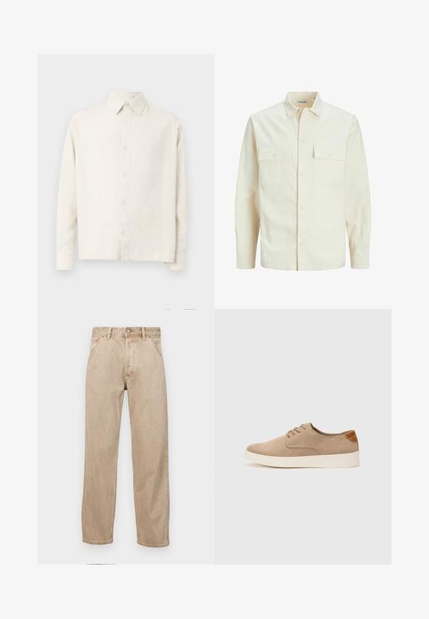 Šviesiai smėlio spalvos ilgomis rankovėmis marškiniai su apykakle, dviem priekinėmis kišenėmis, mygtukų uždarymu ir tekstūruota medžiaga.; Šviesiai smėlio spalvos ilgomis rankovėmis marškiniai, pagaminti iš tekstūruotos medžiagos. Turi apykaklės iškirptę ir priekį su sagų uždarymu, taip pat tiesų apatinį kraštą.; Smėlio spalvos džinsai su tiesia kojų siluetu, turintys priekinę kišenę, metalinį mygtuką ir subtilią tekstūrą.; Bežiniai zomšiniai sportbačiai su apvaliomis pirštų dalimis, raišteliais priekyje ir tekstūruotu užkulniu. Balta guma suteikia kontrastą. Paprastas ir modernus dizainas.